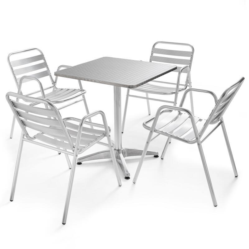 Tavolo da giardino quadrato da bistrot 70 x 70 cm e 4 sedie con braccioli in alluminio