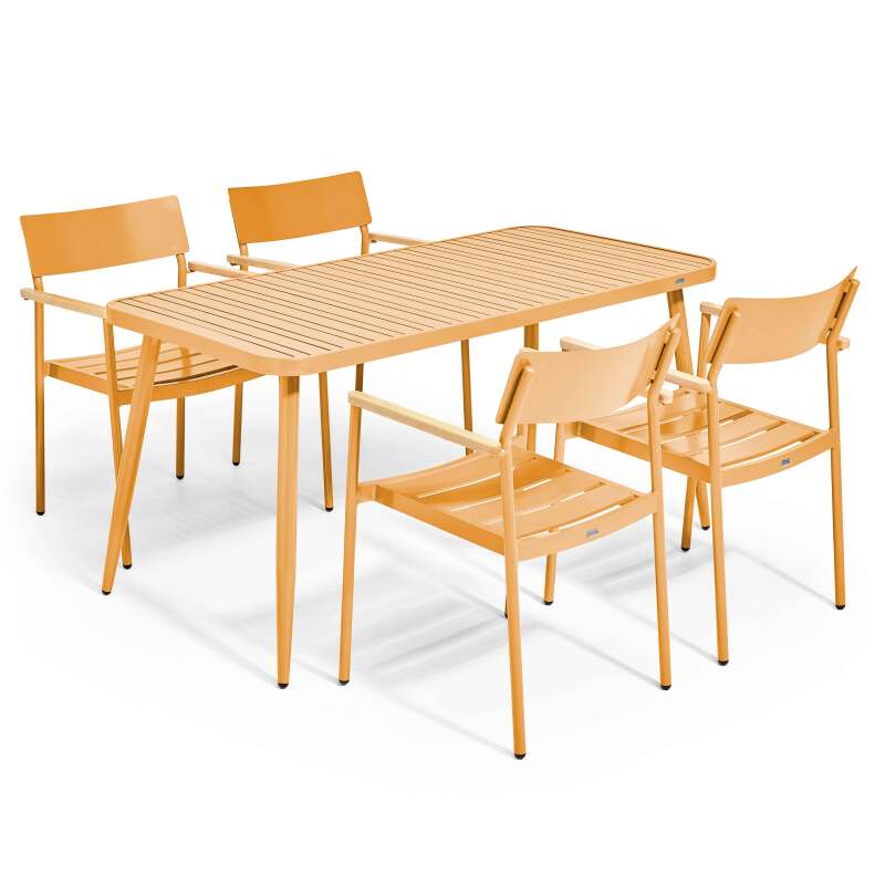 Table de jardin rectangulaire 150 x 75 cm avec 4 chaises avec accoudoirs en aluminium et bois