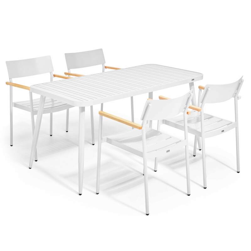 Table de jardin rectangulaire 150 x 75 cm avec 4 chaises avec accoudoirs en aluminium et bois