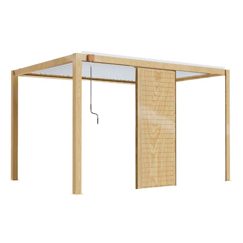 Pergola bioclimatica autoportante 3 x 4 m in alluminio bianco con decoro legno con 1, 2 o 3 schermi